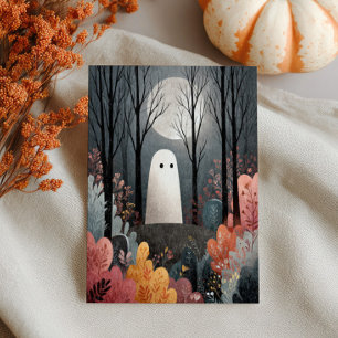 Cute Ghost in Haunted Forest Watercolor Halloween  Postcard