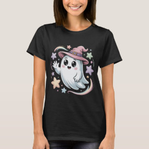 Cute ghost in pink witch hat with colorful stars T-Shirt