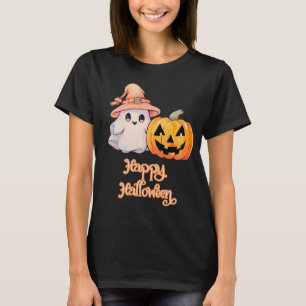 Cute Ghost & Jack-O' Lantern Black Happy Halloween T-Shirt