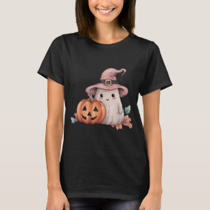 Cute Ghost Jack-O' Lantern Leaves Black Halloween T-Shirt
