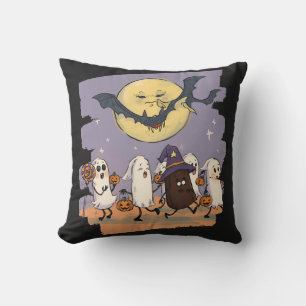 Cute Ghost Kids Trick or Treat Under Spooky Moon Cushion