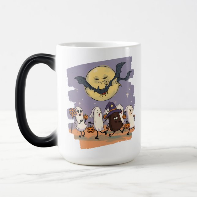 Cute Ghost Kids Trick or Treat Under Spooky Moon Magic Mug (Left)