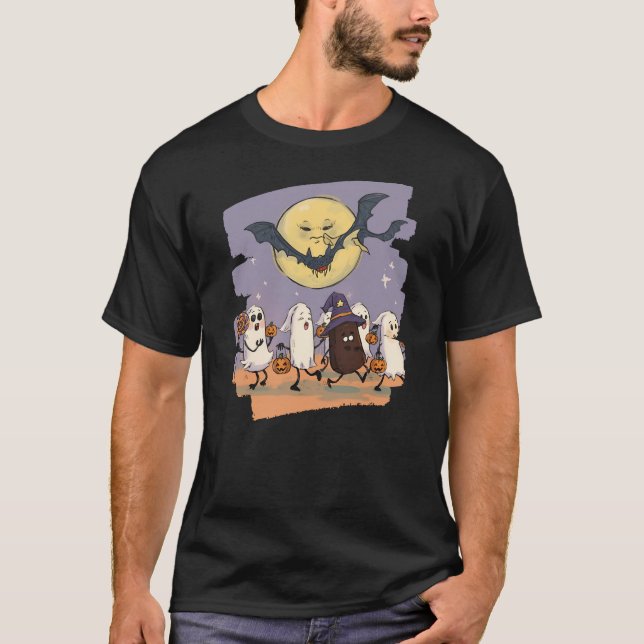 Cute Ghost Kids Trick or Treat Under Spooky Moon T-Shirt (Front)