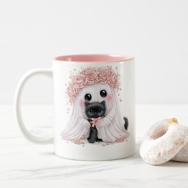 Cute Ghost Kitten Mug - Purrfect Halloween (With Donut)