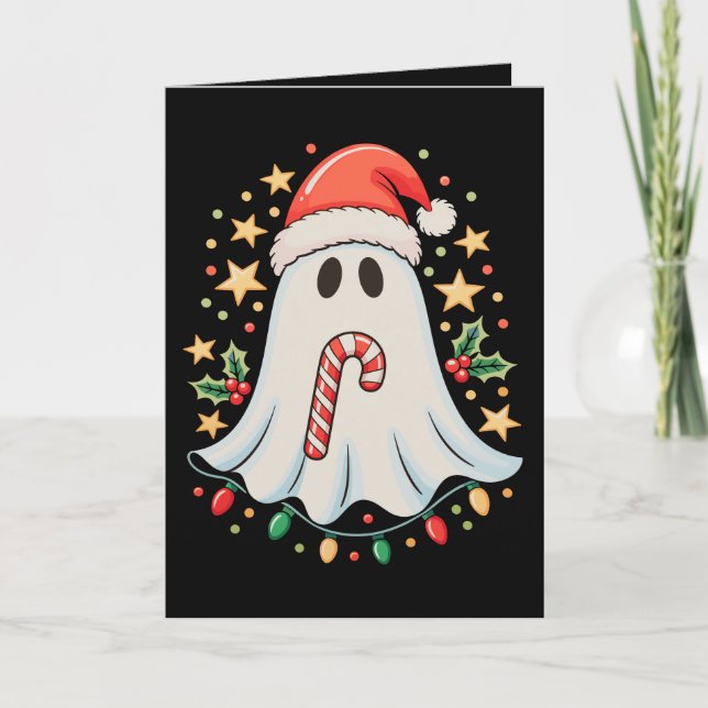 Cute Ghost Lights Tree Cake Merry Christmas Xmas Card (Front)