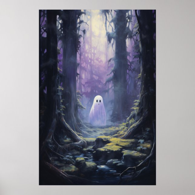 Cute Ghost Lost in Spooky Forest Poster (Front)