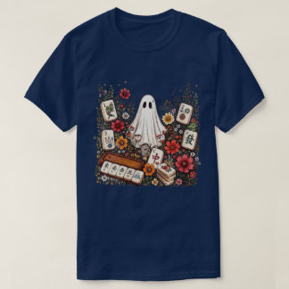 Cute Ghost Mahjong Floral Tiles Graphic T-Shirt