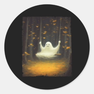 Cute Ghost On A Swing Fall Forest Funny Halloween  Classic Round Sticker