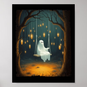 Cute Ghost On A Swing Fall Forest Funny Halloween Poster
