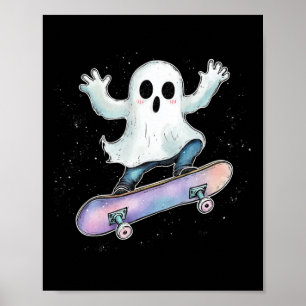 Cute Ghost On Skateboard Funny Halloween Skater Poster