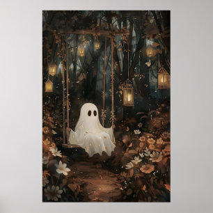 Cute ghost on swing in autumn park print, fall poster