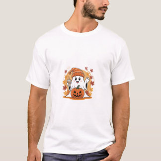 Cute Ghost Orange Beanie Pumpkin Iced Coffee Autum T-Shirt