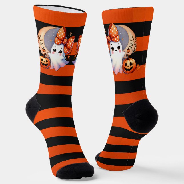 Cute Ghost Orange & Black Stripe Halloween Socks (Angled)