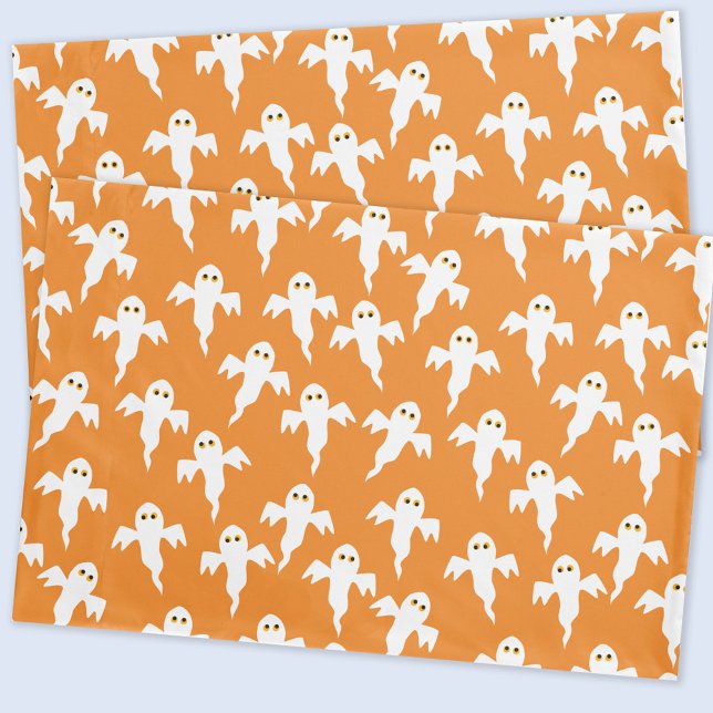 Cute Ghost Orange Halloween Pillowcase (Fun ghost pattern orange pillowcase)