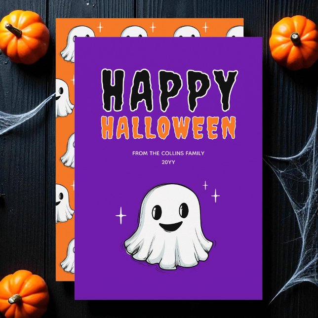 Cute Ghost Orange Purple Spooky Happy Halloween Holiday Card (Cute Ghost Orange Purple Spooky Happy Halloween Holiday Card)