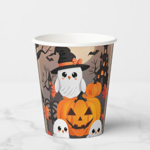 Cute Ghost Owls & Pumpkins Spooky Halloween Party Paper Cups