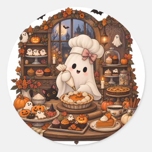Cute Ghost Pastry Chef Halloween Haunted Bakery Classic Round Sticker (Front)