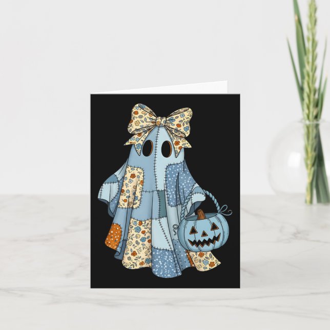 Cute Ghost Patchwork Coquette Bow Halloween Costum Card (Front)