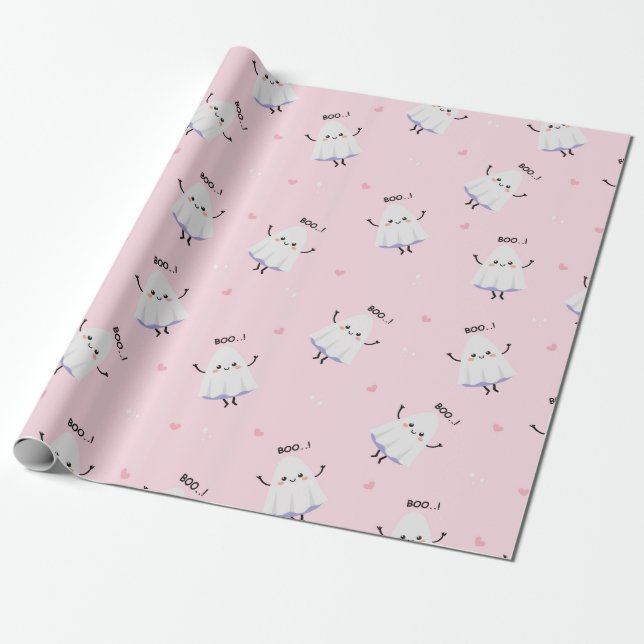 Cute Ghost Pattern on Pink Background Wrapping Paper (Unrolled)