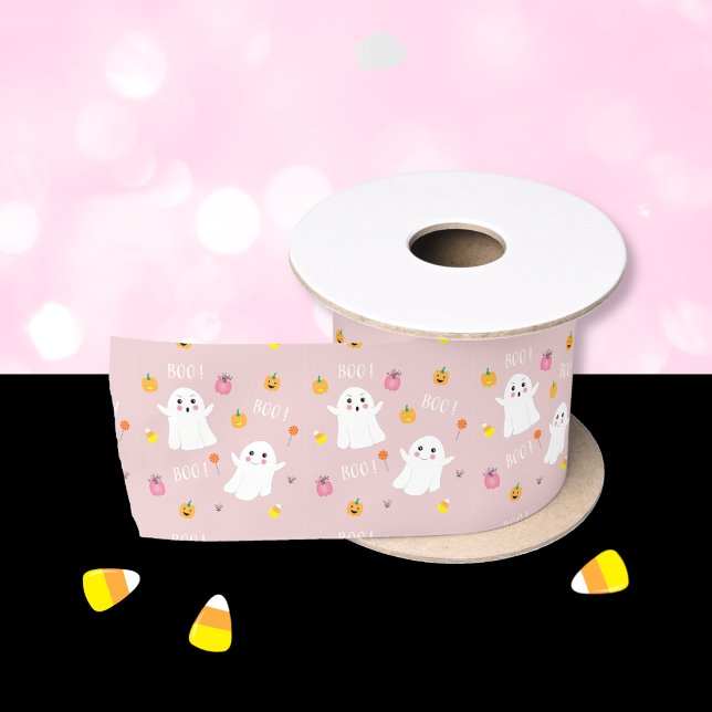 Cute Ghost Pattern Pink Halloween Ribbon Satin Ribbon (Pink ribbon with a cute pattern with ghost and candies . )