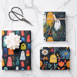 Cute Ghost Pattern Watercolor Floral Halloween Wrapping Paper Sheet