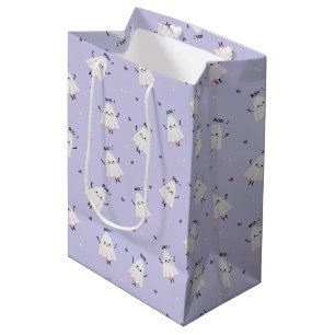Cute Ghost Pattern with "Boo!" Text on Lavender Medium Gift Bag