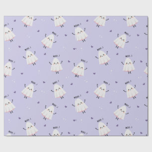 Cute Ghost Pattern with "Boo!" Text on Lavender Wrapping Paper