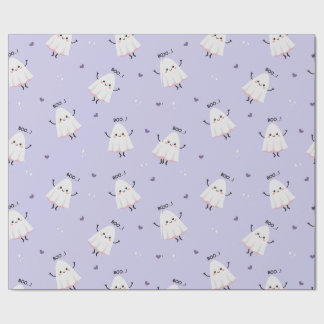 Cute Ghost Pattern with "Boo!" Text on Lavender Wrapping Paper