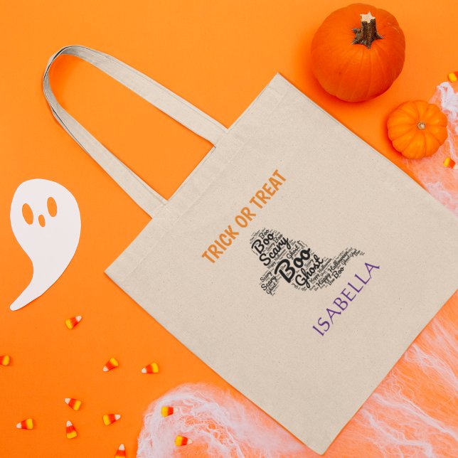 Cute Ghost Personalised Halloween Trick or Treat  Tote Bag (Boooo!
Editable Text and Name.
Happy Halloween!)