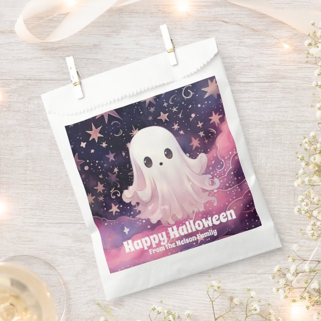 Cute Ghost Pink and Blue Sky Stars Happy Halloween Favour Bags (Clipped)