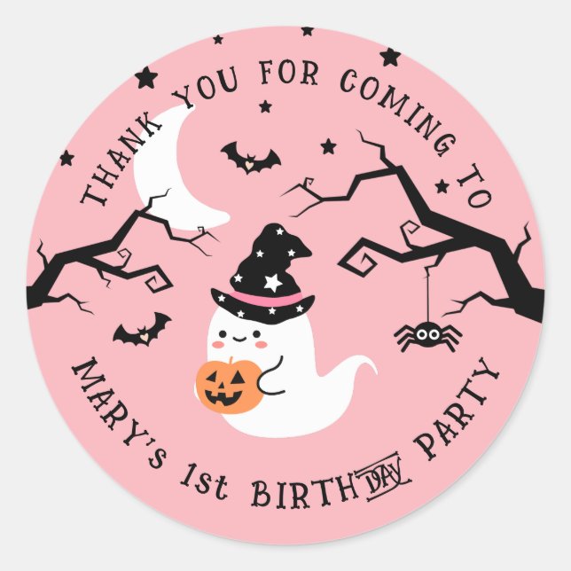 Cute Ghost Pink Halloween Birthday Party Thank You Classic Round Sticker (Front)