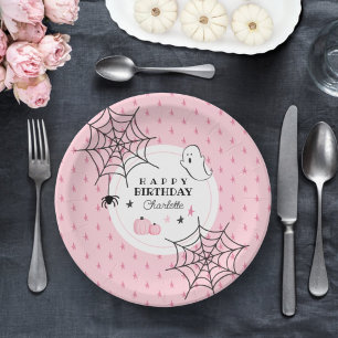 Cute Ghost Pink Halloween Happy Birthday Name Cake Paper Plate