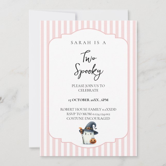 Cute ghost pink Two Spooky 2nd Birthday Invitation (Front)