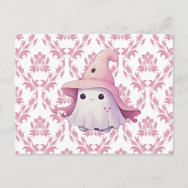 Cute Ghost Pink Witch's Hat Pink & White Halloween Holiday Postcard (Front)