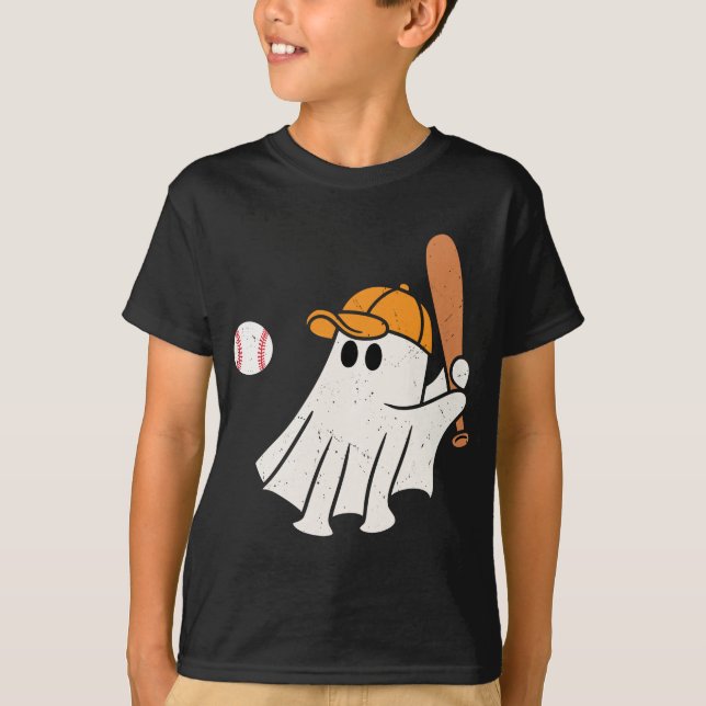 Cute Ghost Playing basetball-Funny Halloween  T-Shirt (Front)