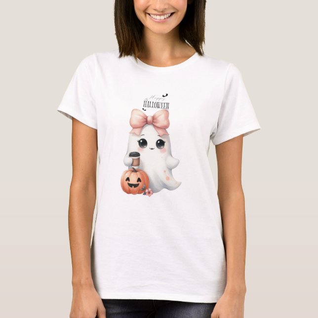 Cute Ghost Pumpkin Bat Halloween T-Shirt (Front)