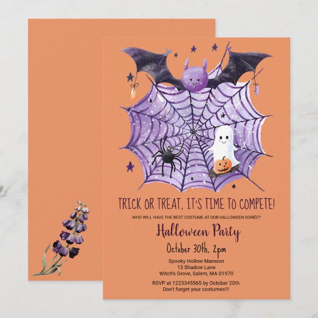 Cute Ghost Pumpkin Bat Spider Web Halloween party  Invitation (Front/Back)