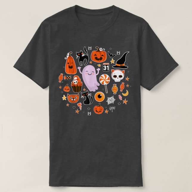 Cute Ghost Pumpkin Black Cat Witch Hat Candy Funny T-Shirt (Design Front)