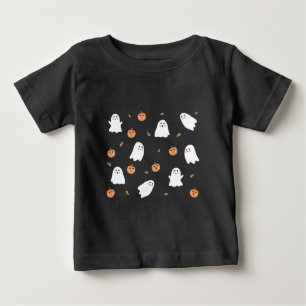 Cute Ghost & Pumpkin Black Halloween Pattern Baby T-Shirt