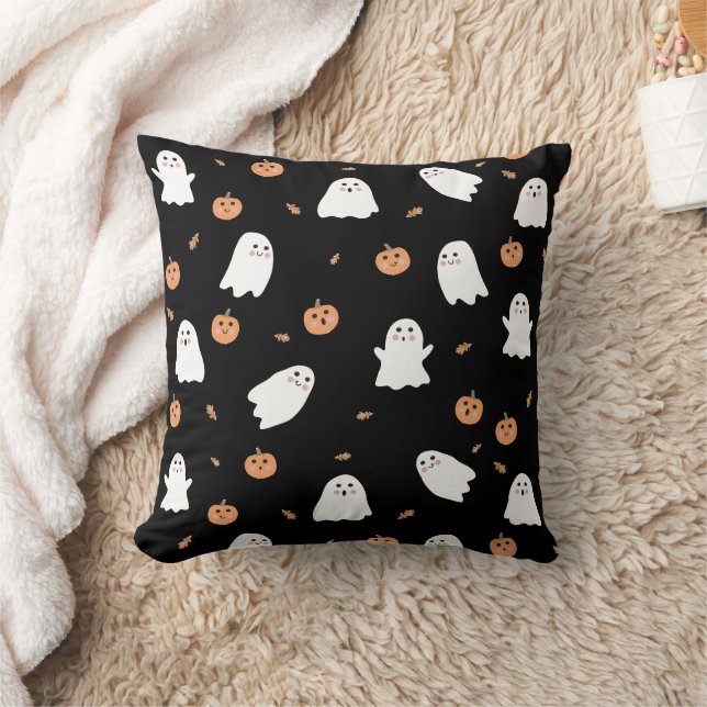 Cute Ghost & Pumpkin Black Halloween Pattern Cushion (Blanket)