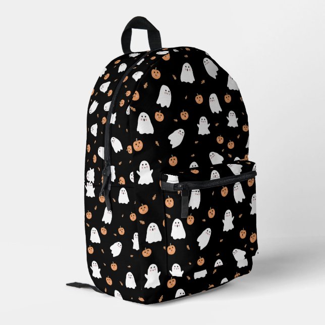 Cute Ghost & Pumpkin Black Halloween Pattern Printed Backpack (Back Corner Left)