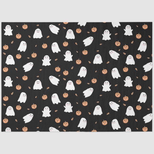 Cute Ghost & Pumpkin Black Halloween Pattern Tissue Paper (Front)