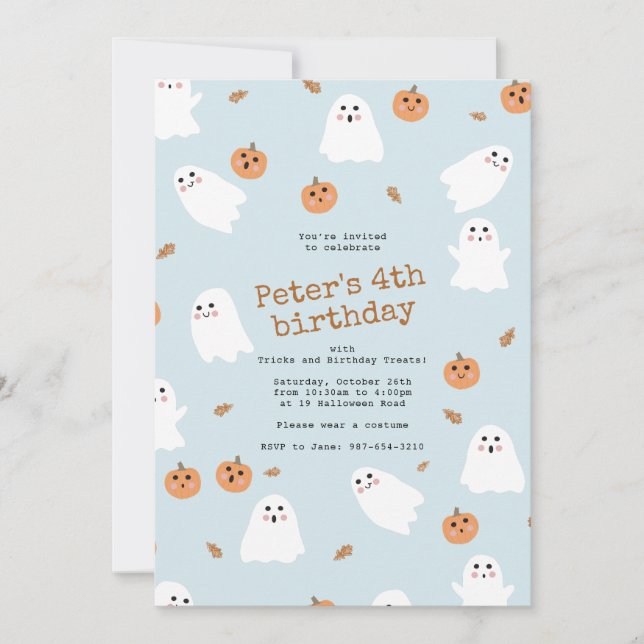Cute Ghost & Pumpkin Blue Halloween Birthday Party Invitation (Front)
