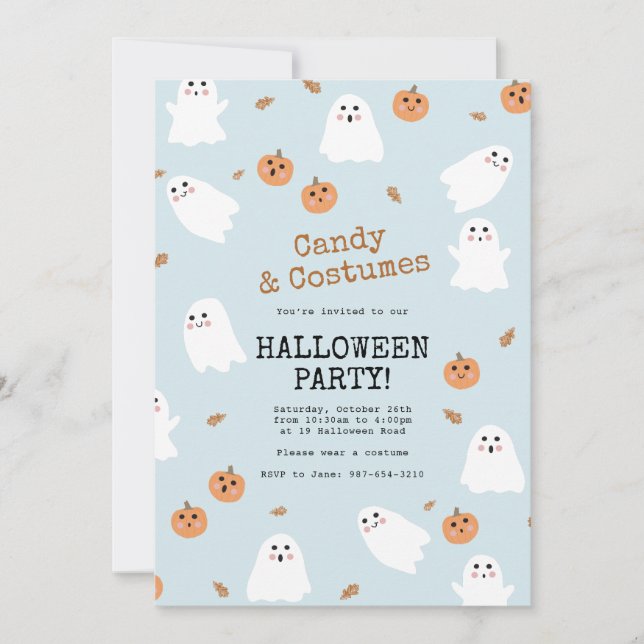 Cute Ghost & Pumpkin Blue Halloween Party Invitation (Front)