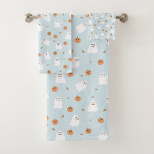 Cute Ghost & Pumpkin Blue Halloween Pattern Bath Towel Set
