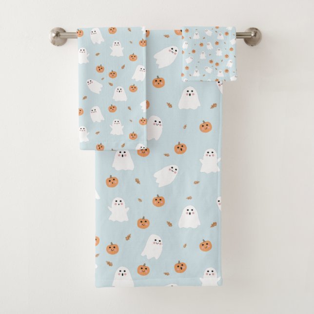 Cute Ghost & Pumpkin Blue Halloween Pattern Bath Towel Set (Insitu)