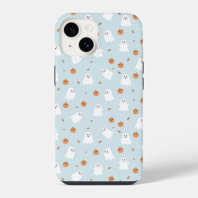 Cute Ghost & Pumpkin Blue  Halloween Pattern iPhone Case (Back)