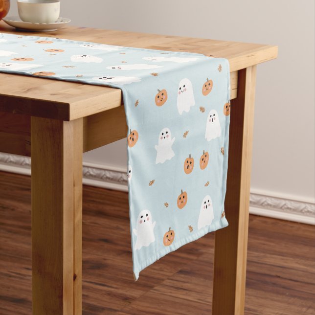 Cute Ghost & Pumpkin Blue Halloween Pattern Long Table Runner (In Situ)