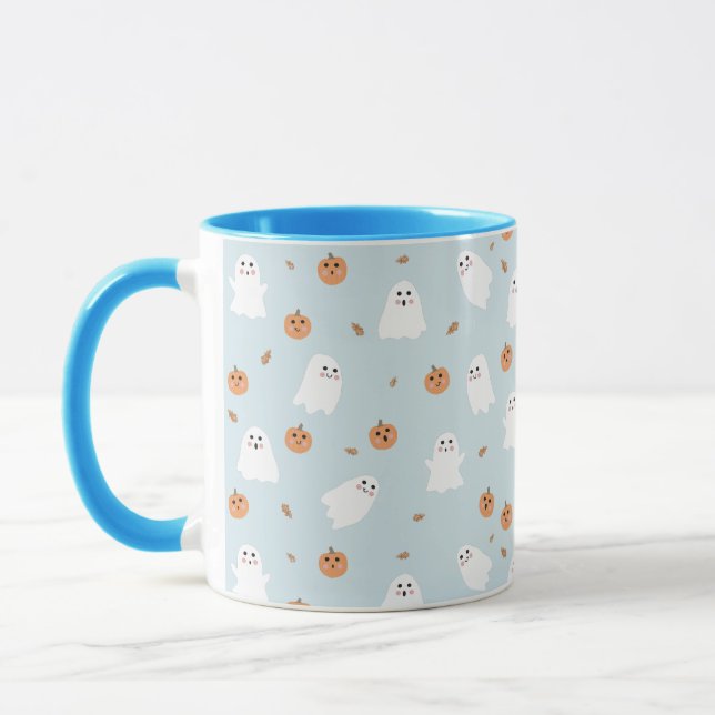 Cute Ghost & Pumpkin Blue Halloween Pattern Mug (Left)