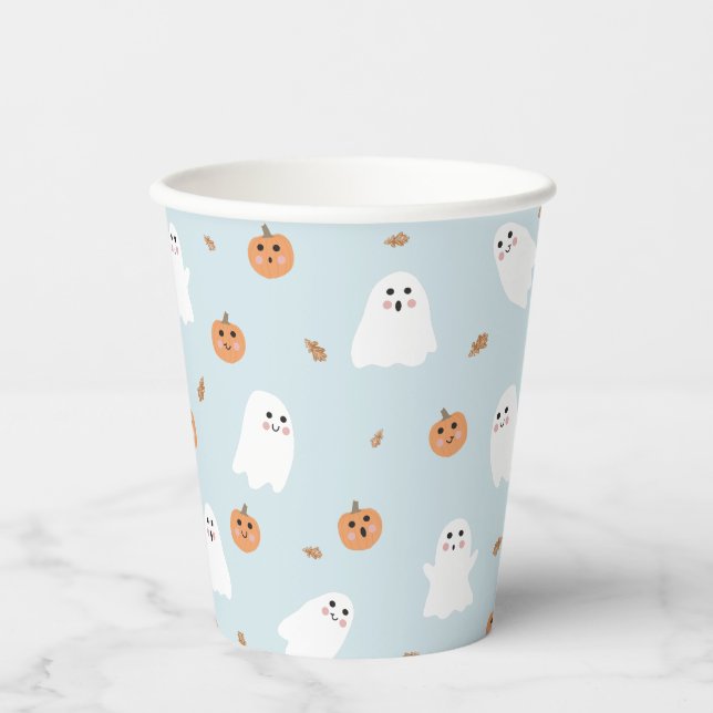 Cute Ghost & Pumpkin Blue Halloween Pattern Paper Cups (Front)